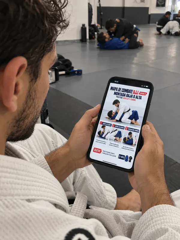 Practicante de Jiu-Jitsu revisando una ficha del Mapa de Combate en el celular